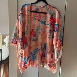 Kohl's Peach Floral Fringe Kimono with Teal Accents